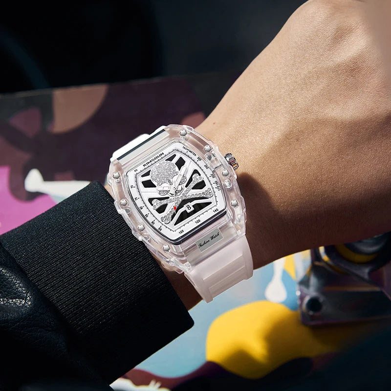 UTHAI-reloj deportivo de cuarzo para hombre, cronógrafo con forma de cubo de vino, Calavera personalizada, transparente, a la moda