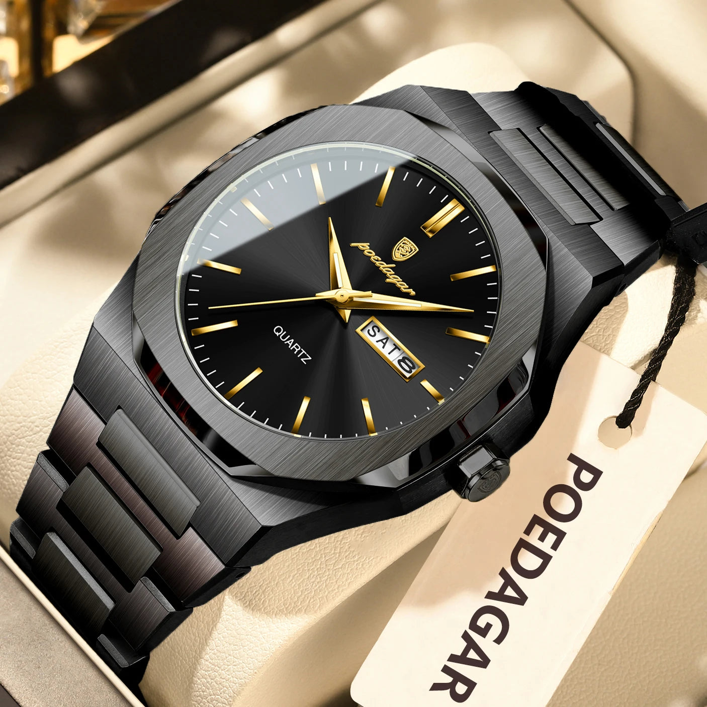 Reloj POEDAGAR de marca a la moda para hombre, relojes luminosos resistentes al agua de acero inoxidable para hombre, Reloj informal de cuarzo con fecha y semana para hombre