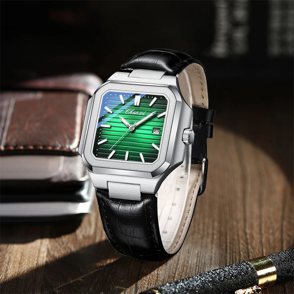 Marca CHENXI, relojes para hombre, reloj de pulsera de cuarzo de cuero, reloj luminoso resistente al agua, reloj cuadrado para hombres, regalos informales de negocios