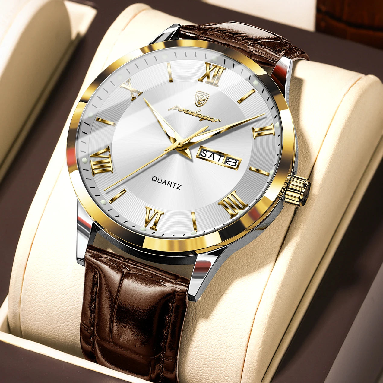 Reloj POEDAGAR de lujo para hombre, Reloj deportivo militar de cuero para hombre, Reloj de cuarzo resistente al agua luminoso con fecha y semana, Reloj para hombre + caja