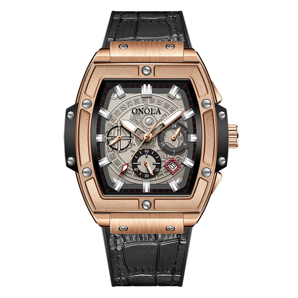 ONOLA-reloj de cuarzo deportivo multifuncional para hombre, cronógrafo de lujo con correa de cuero auténtico, resistente al agua, nuevo, 2024