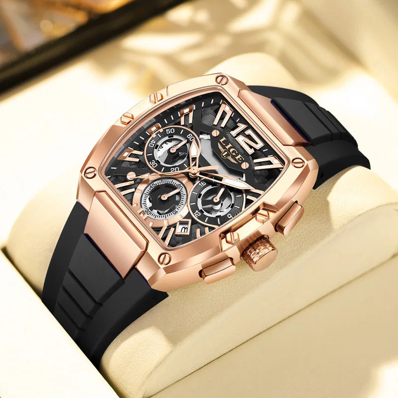 Relojes de pulsera LIGE de lujo para hombre, reloj cuadrado dorado rosa creativo para hombre, cronógrafo deportivo, reloj hueco con fecha luminosa