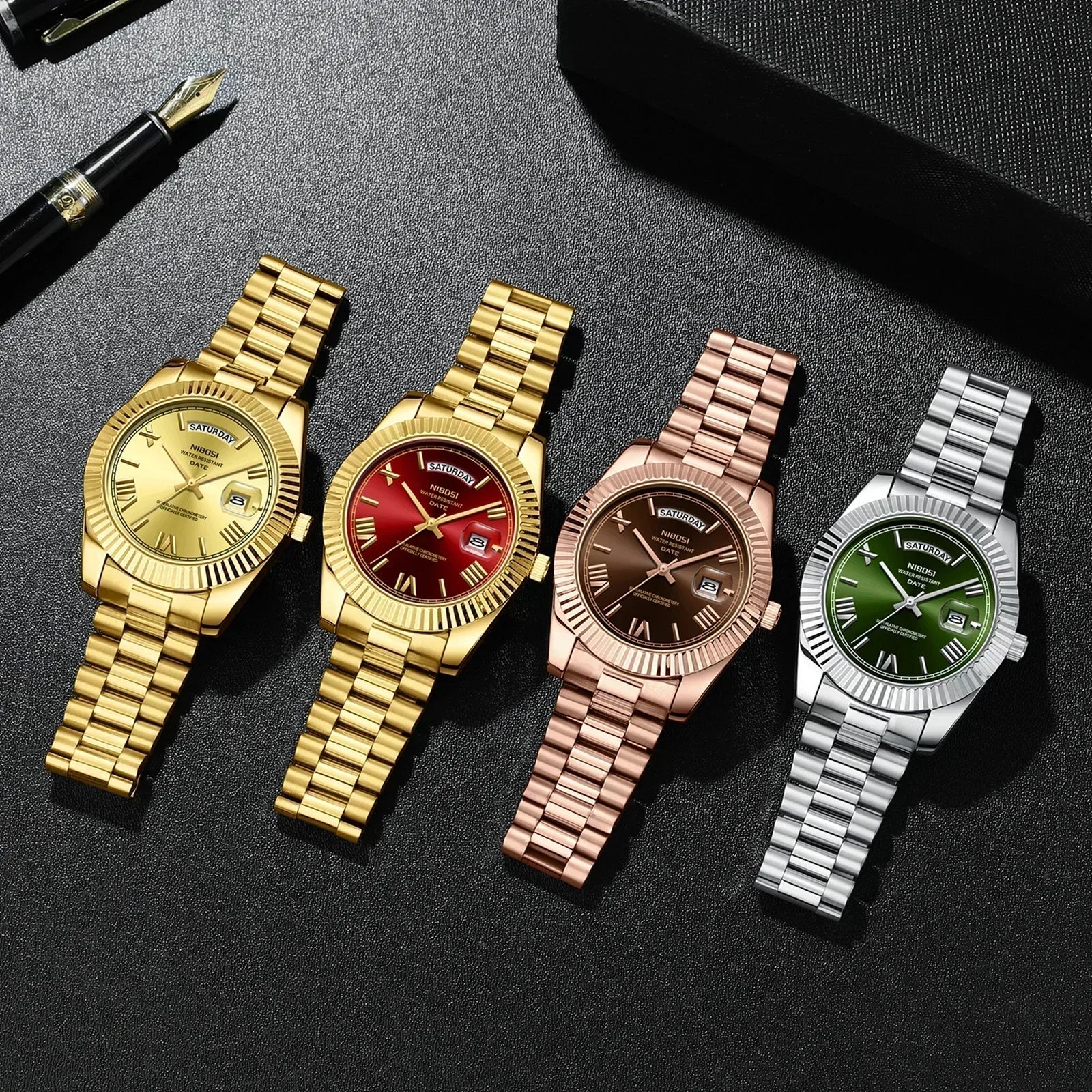 Relojes NIBOSI para Hombre, Reloj de lujo de marca superior para Hombre, relojes de pulsera de cuarzo resistentes al agua con fecha automática y semana, Reloj luminoso para Hombre