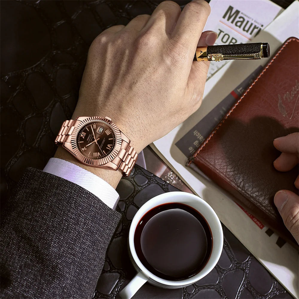 Marca NIBOSI, Reloj de cuarzo de oro rosa de lujo, Reloj masculino de acero inoxidable, Reloj luminoso resistente al agua con fecha para Hombre, Reloj para Hombre