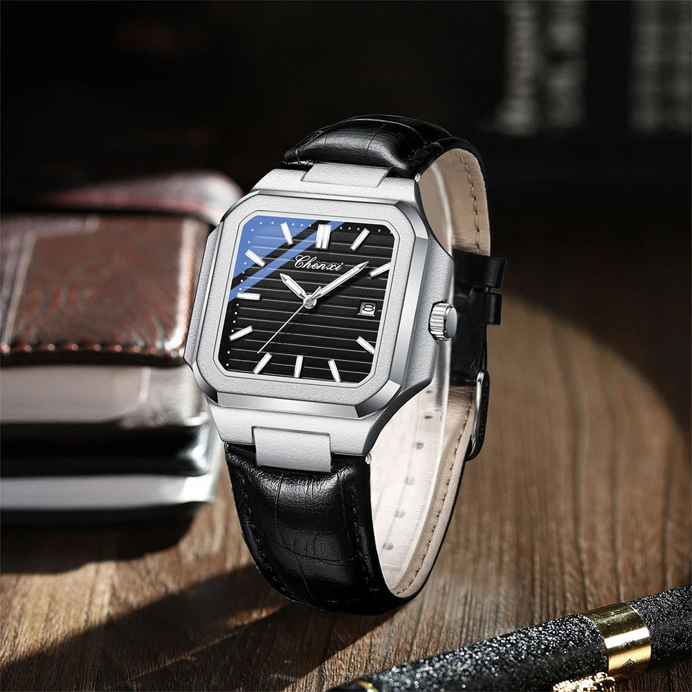 Marca CHENXI, relojes para hombre, reloj de pulsera de cuarzo de cuero, reloj luminoso resistente al agua, reloj cuadrado para hombres, regalos informales de negocios