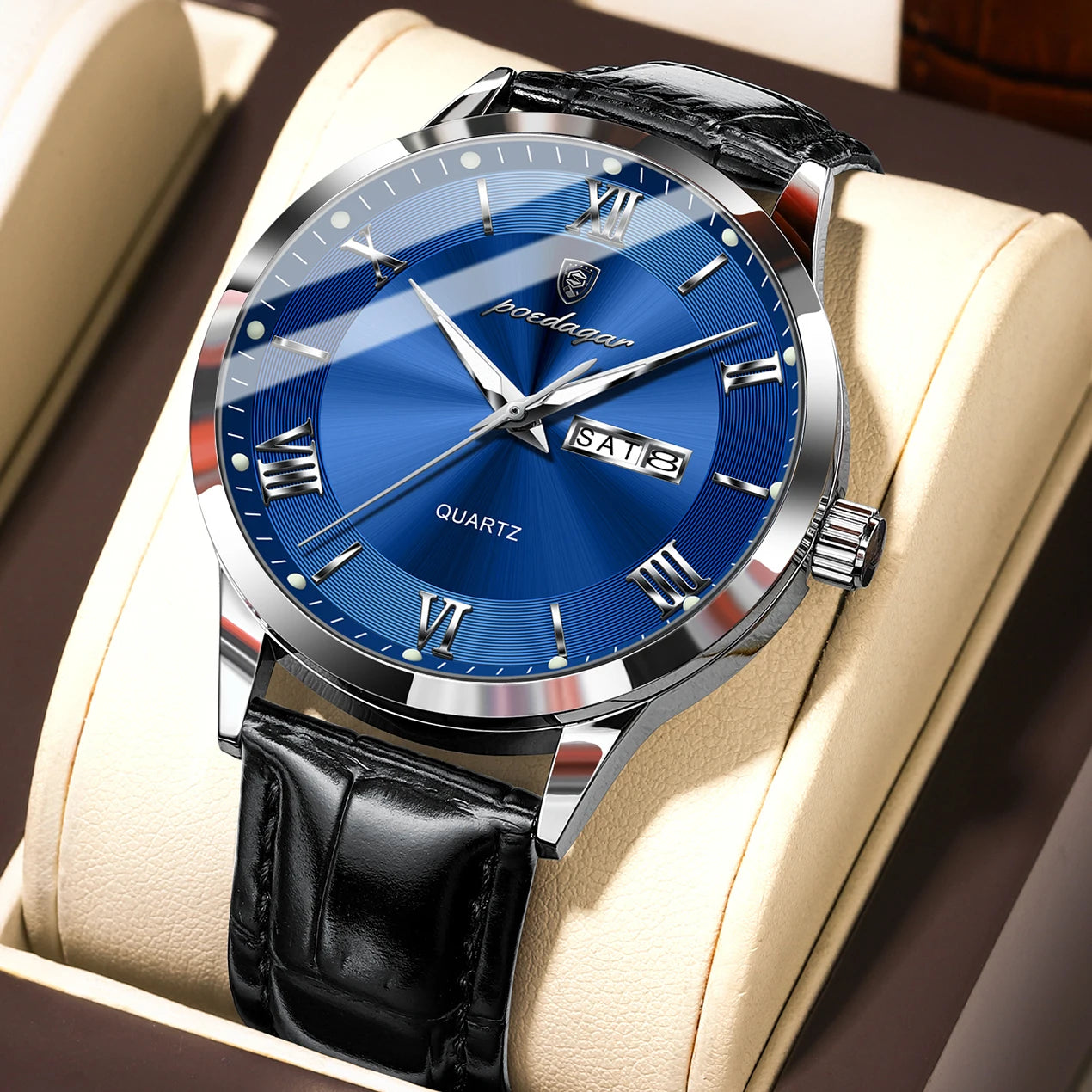 Reloj POEDAGAR de lujo para hombre, Reloj deportivo militar de cuero para hombre, Reloj de cuarzo resistente al agua luminoso con fecha y semana, Reloj para hombre + caja