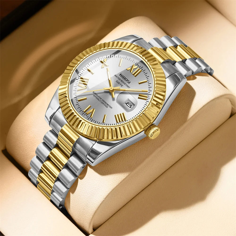 Marca NIBOSI, Reloj de cuarzo de oro rosa de lujo, Reloj masculino de acero inoxidable, Reloj luminoso resistente al agua con fecha para Hombre, Reloj para Hombre