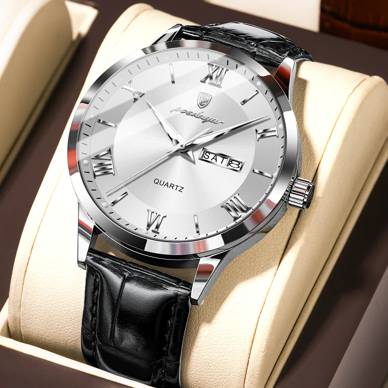 Reloj POEDAGAR de lujo para hombre, Reloj deportivo militar de cuero para hombre, Reloj de cuarzo resistente al agua luminoso con fecha y semana, Reloj para hombre + caja