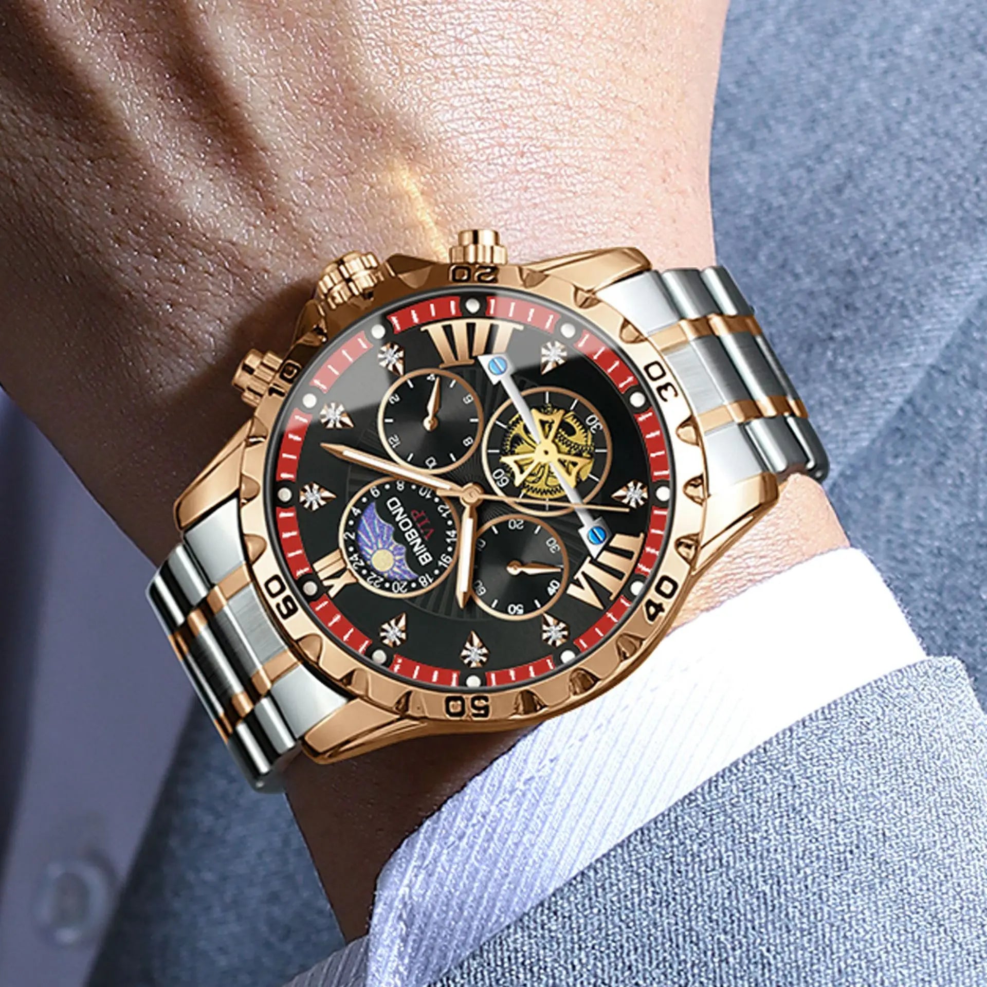 Reloj de marca superior para hombre, auténtico reloj de pulsera de cuarzo con luz nocturna de negocios de alta gama, resistente al agua, volante dorado, correa de acero