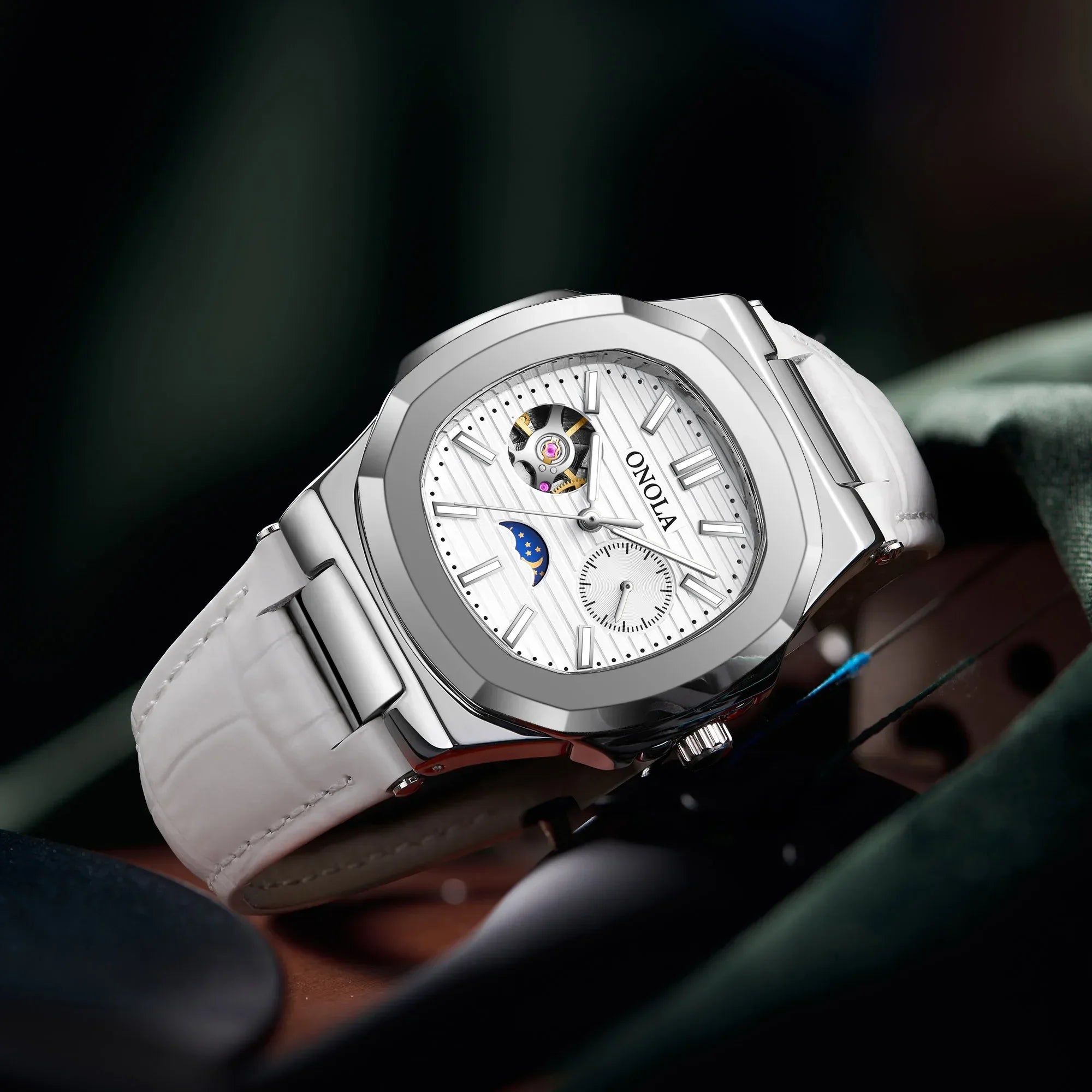 ONOLA-reloj mecánico totalmente automático para hombre, cronógrafo de cuero, resistente al agua, de alta calidad
