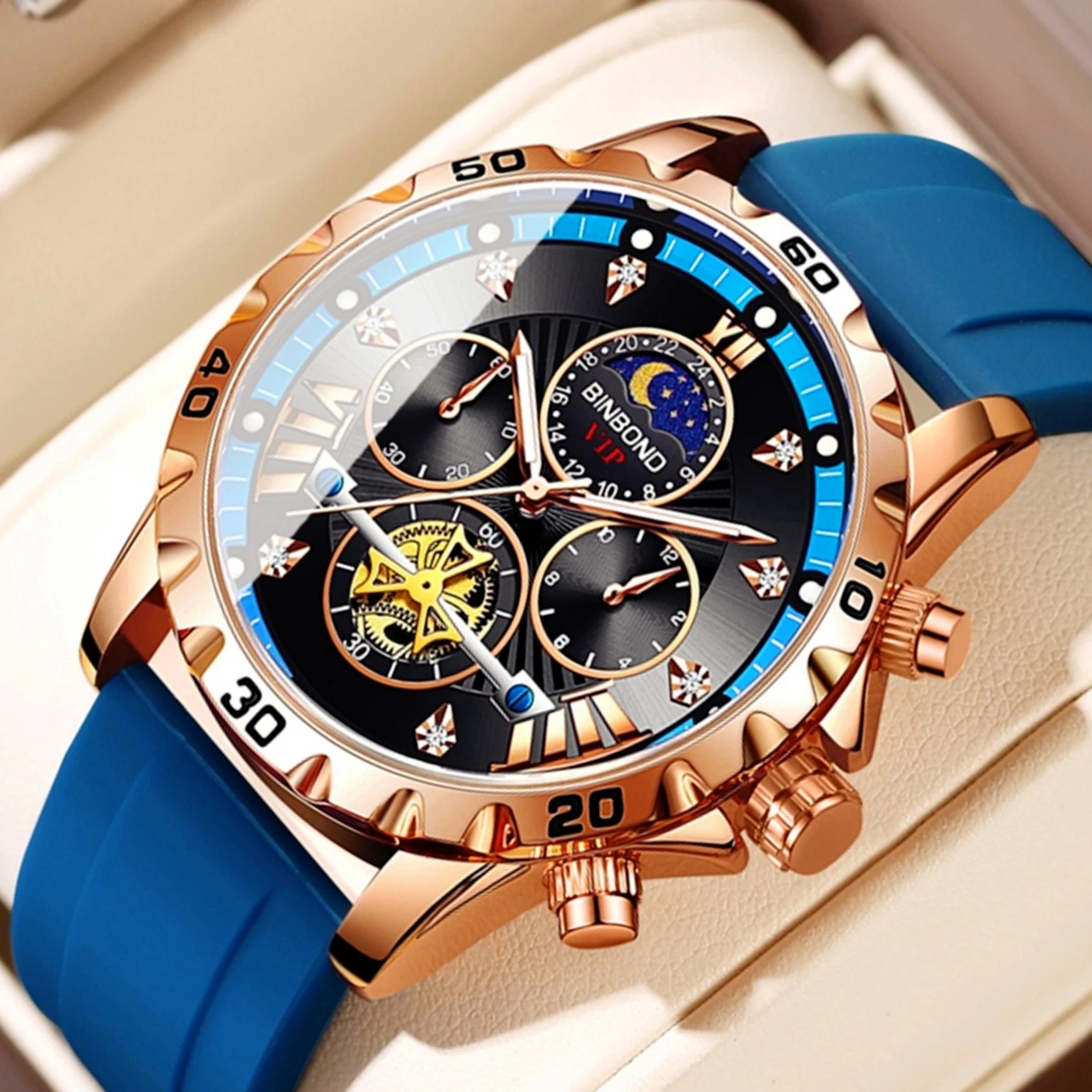 Reloj cronógrafo de moda para hombre, resistente al agua 30M, calendario, función de fecha, esfera de diamantes de imitación, deportivo, goma, cuarzo, regalo 3103