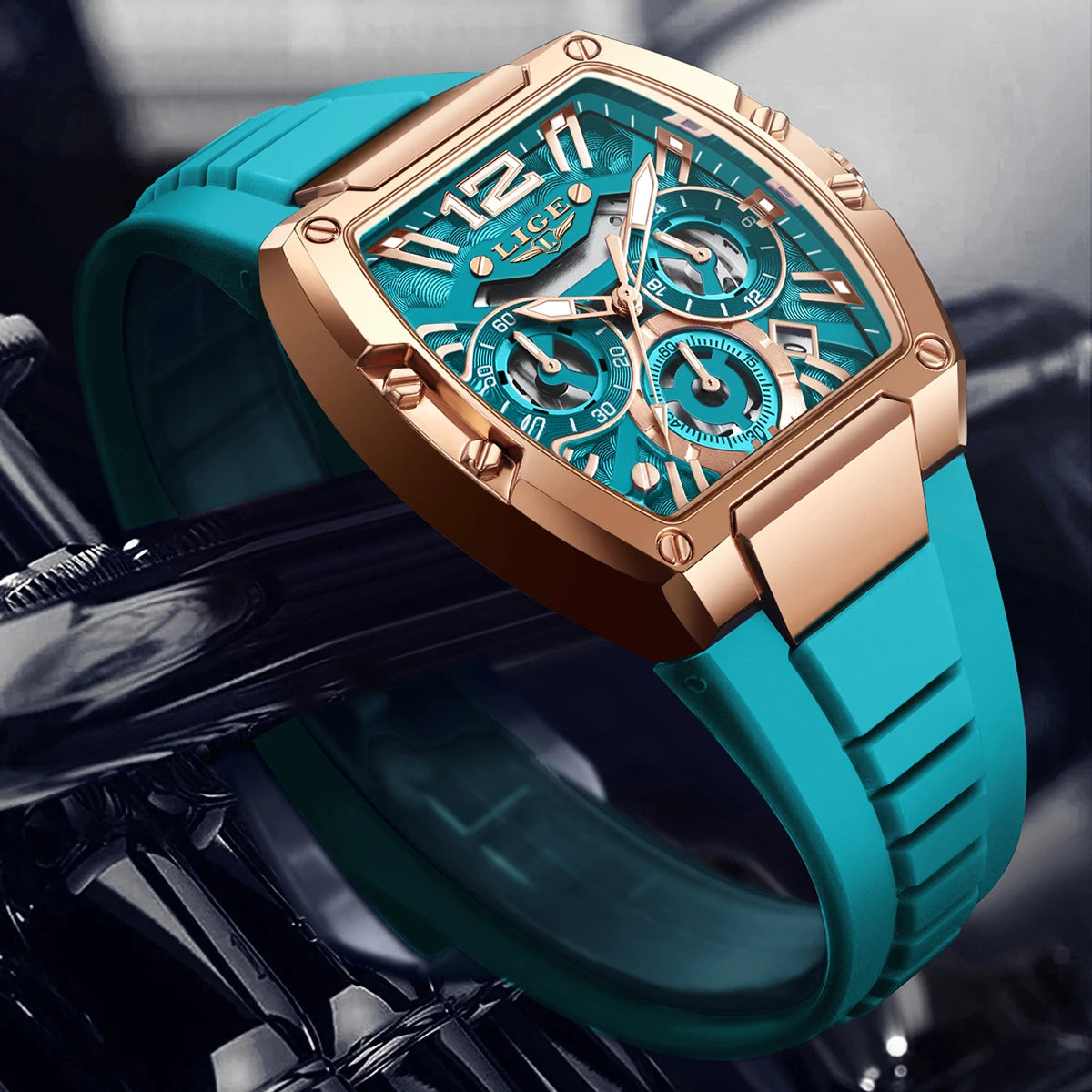 Relojes de pulsera LIGE de lujo para hombre, reloj cuadrado dorado rosa creativo para hombre, cronógrafo deportivo, reloj hueco con fecha luminosa