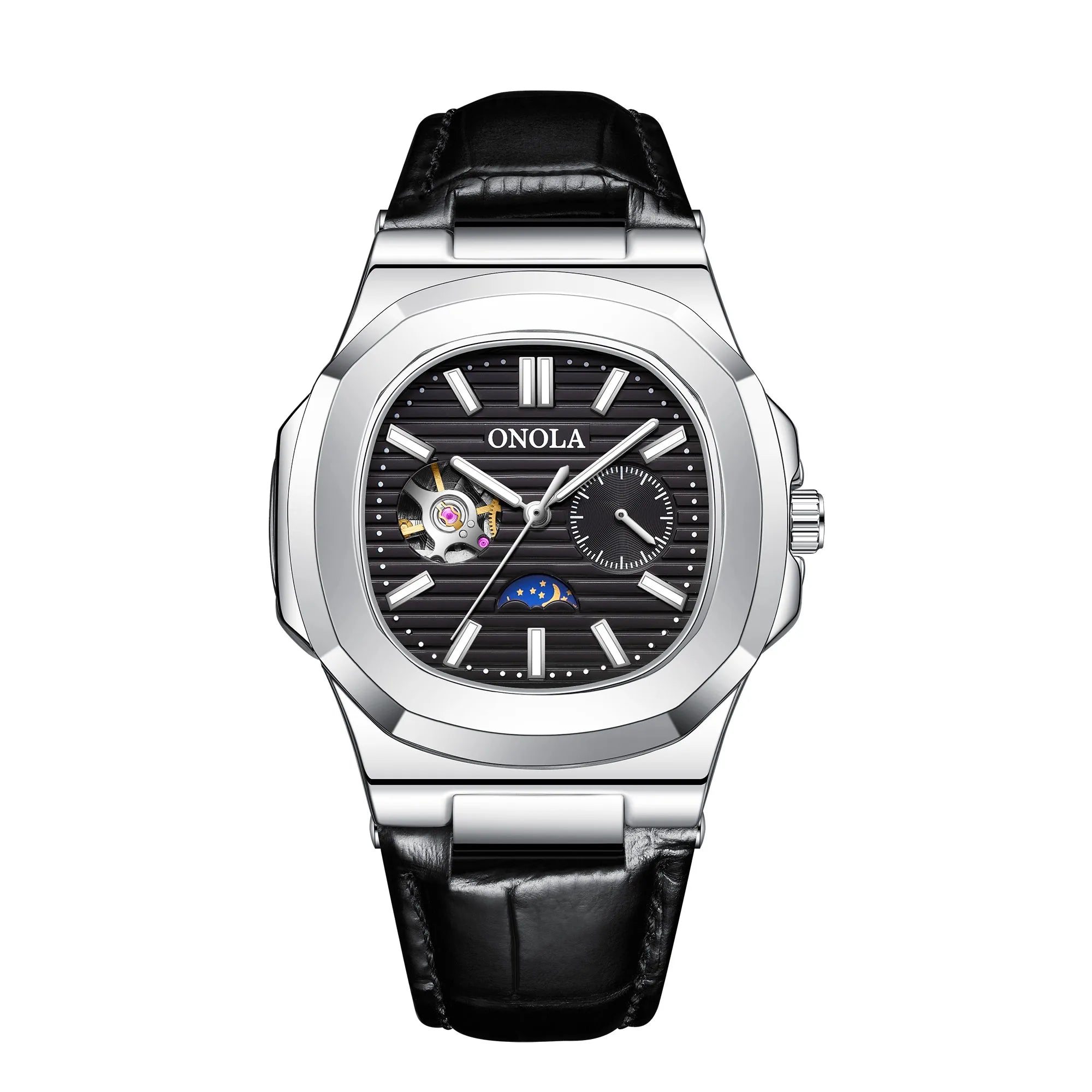 ONOLA-reloj mecánico totalmente automático para hombre, cronógrafo de cuero, resistente al agua, de alta calidad