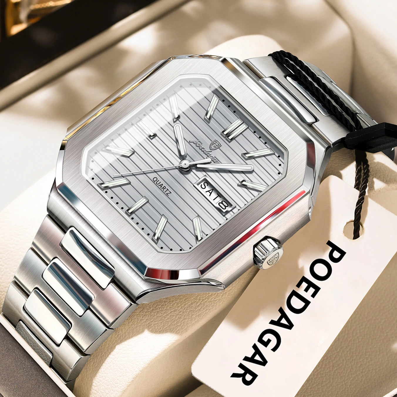 Reloj de pulsera POEDAGAR cuadrado de lujo a la moda para hombre, resistente al agua, luminoso, con fecha y semana, relojes de cuarzo para hombre, Reloj de acero inoxidable para hombre