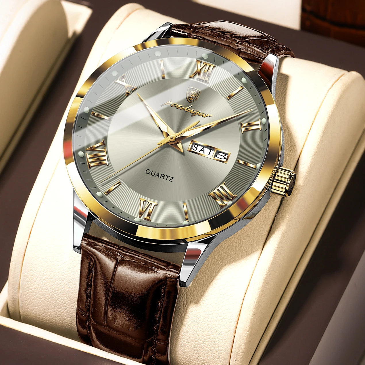 Reloj POEDAGAR de lujo para hombre, Reloj deportivo militar de cuero para hombre, Reloj de cuarzo resistente al agua luminoso con fecha y semana, Reloj para hombre + caja