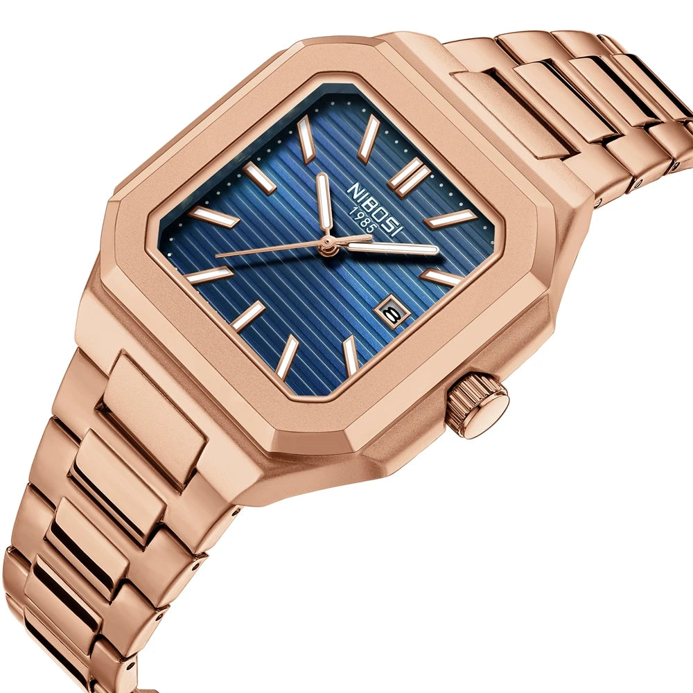 Marca NIBOSI, Reloj cuadrado a la moda, relojes de cuarzo de lujo de acero inoxidable para Hombre, Reloj luminoso resistente al agua para Hombre de negocios, Reloj para Hombre