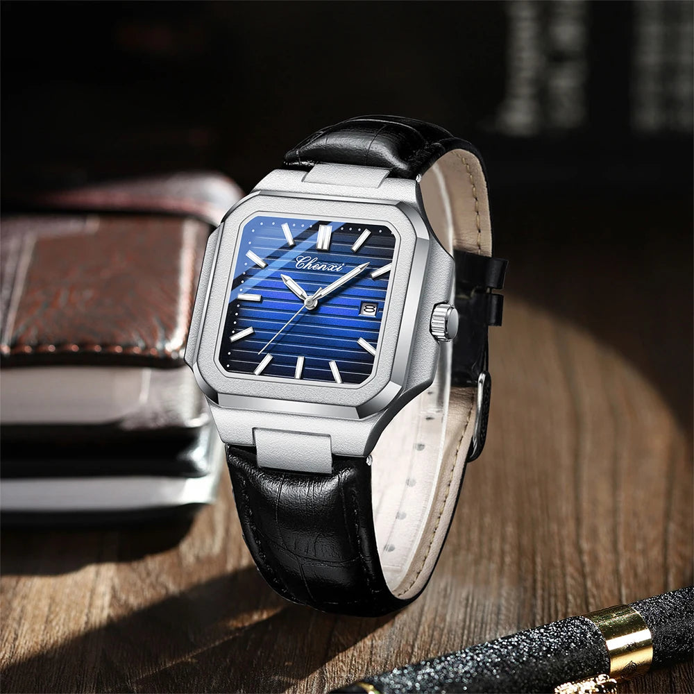 Marca CHENXI, relojes para hombre, reloj de pulsera de cuarzo de cuero, reloj luminoso resistente al agua, reloj cuadrado para hombres, regalos informales de negocios