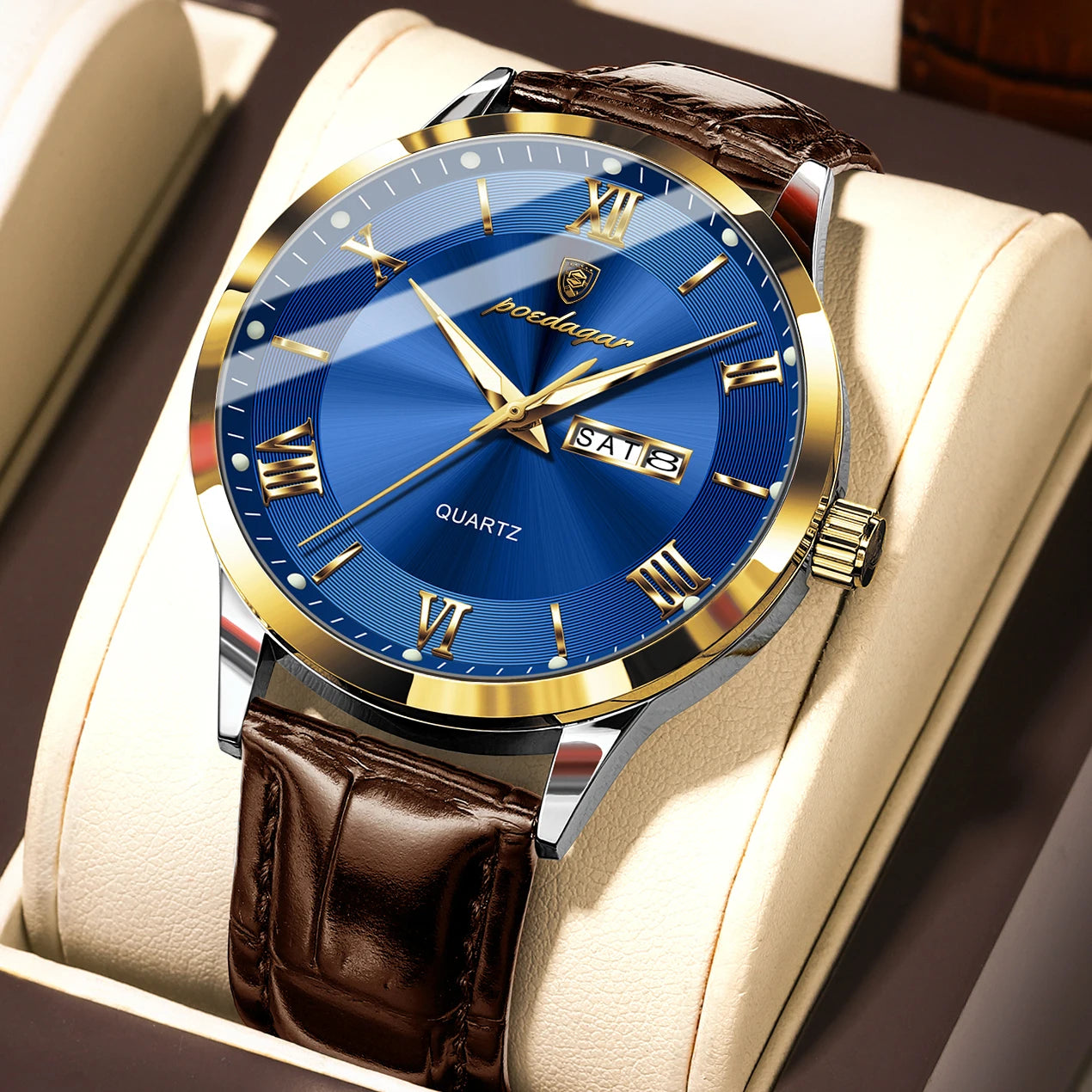 Reloj POEDAGAR de lujo para hombre, Reloj deportivo militar de cuero para hombre, Reloj de cuarzo resistente al agua luminoso con fecha y semana, Reloj para hombre + caja