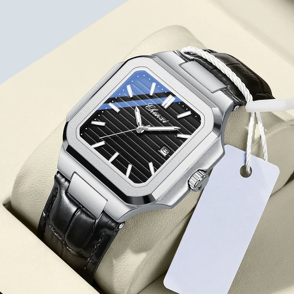 Marca CHENXI, relojes para hombre, reloj de pulsera de cuarzo de cuero, reloj luminoso resistente al agua, reloj cuadrado para hombres, regalos informales de negocios
