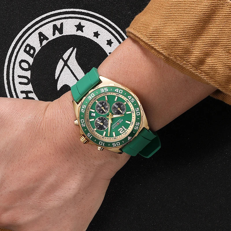 Reloj de cuarzo para hombre, cronógrafo con revestimiento dorado, movimiento japonés, esfera negra y verde