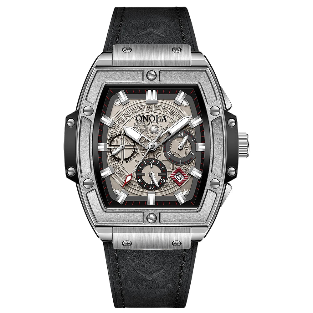 Relojes de lujo a la moda con diseño clásico en forma de barril para hombre ONOLA, reloj de cuarzo de cuero informal resistente al agua multifuncional para hombre