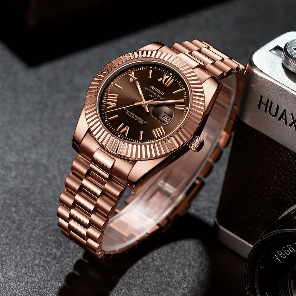 Marca NIBOSI, Reloj de cuarzo de oro rosa de lujo, Reloj masculino de acero inoxidable, Reloj luminoso resistente al agua con fecha para Hombre, Reloj para Hombre