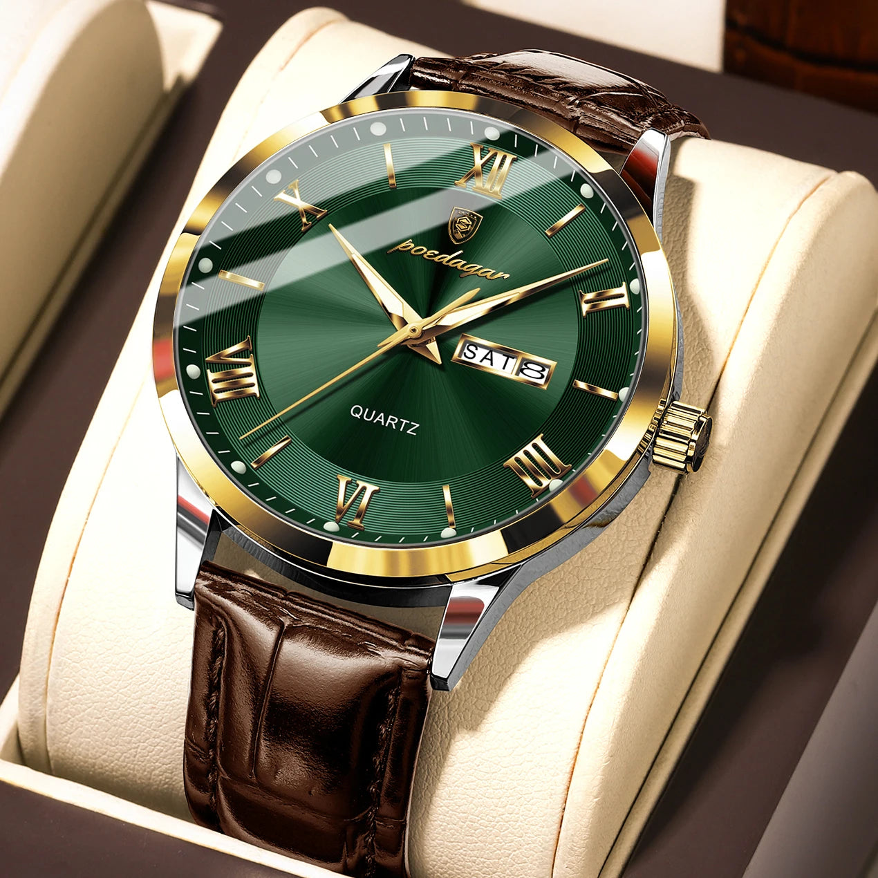 Reloj POEDAGAR de lujo para hombre, Reloj deportivo militar de cuero para hombre, Reloj de cuarzo resistente al agua luminoso con fecha y semana, Reloj para hombre + caja