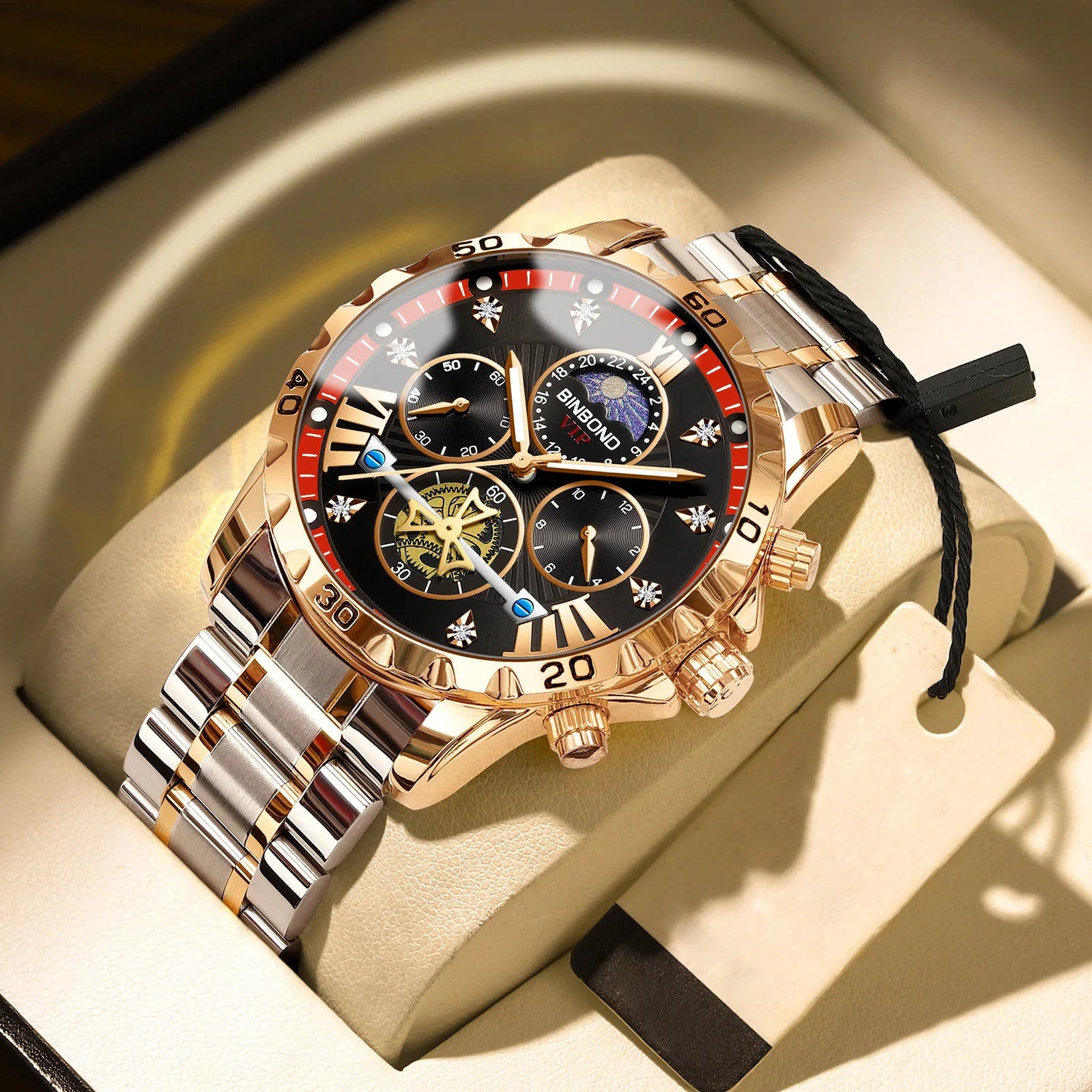 Reloj de marca superior para hombre, auténtico reloj de pulsera de cuarzo con luz nocturna de negocios de alta gama, resistente al agua, volante dorado, correa de acero