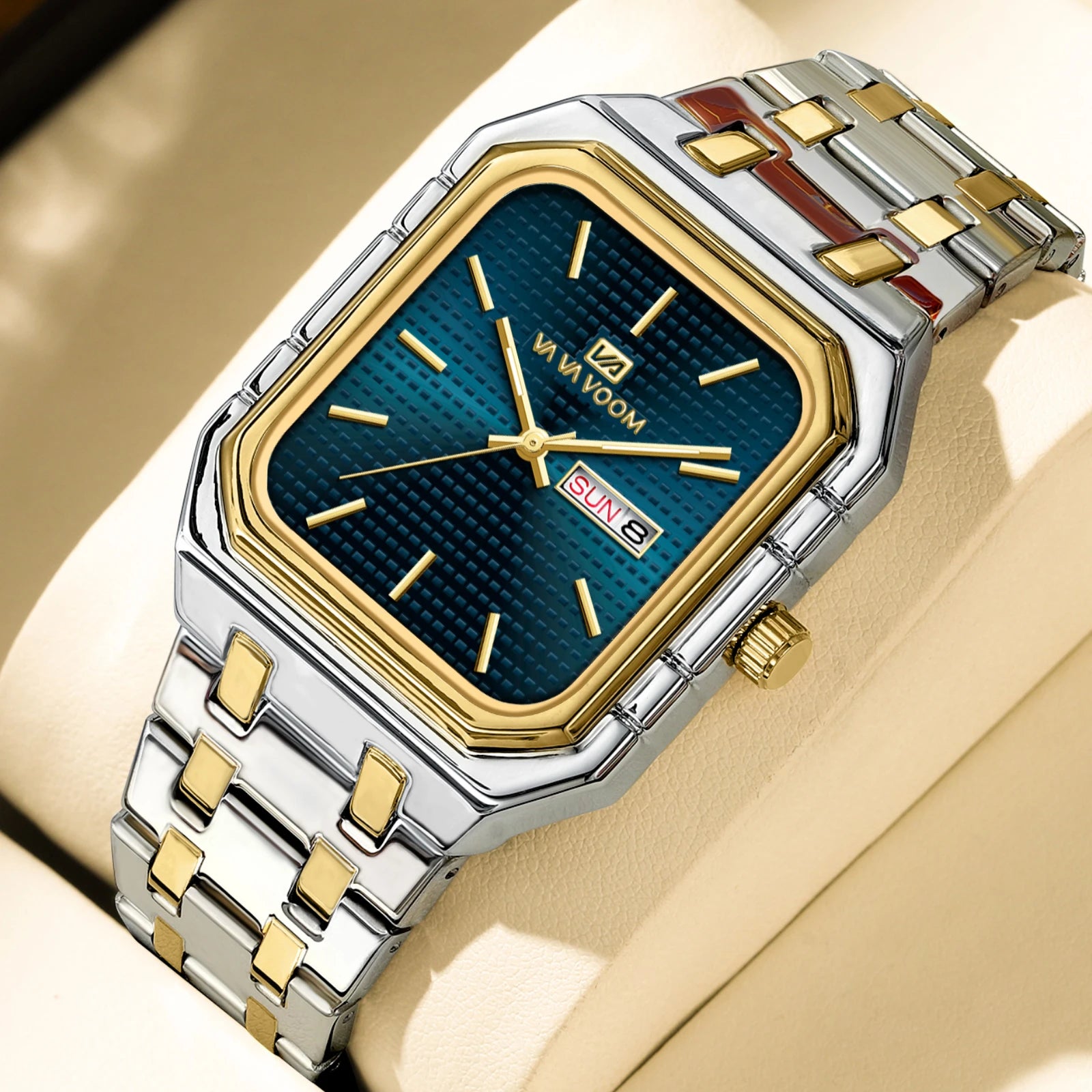 Reloj VA VOOM de la mejor marca para hombre, reloj dorado de lujo con movimiento de cuarzo cuadrado, reloj de acero inoxidable, reloj de negocios con calendario Original para hombre