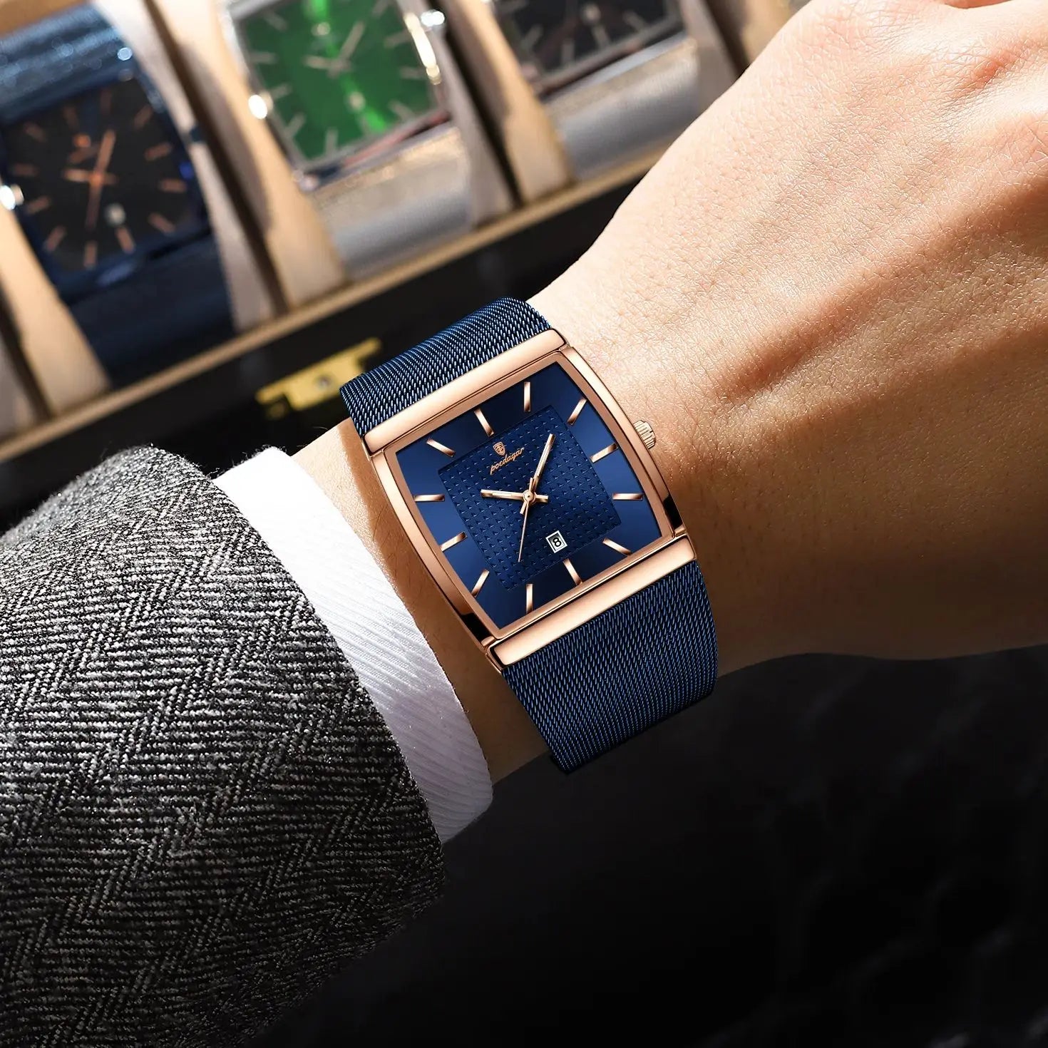 Reloj POEDAGAR Original superior para hombre, reloj de pulsera rectangular con fecha luminosa resistente al agua para hombre, relojes de cuarzo de malla de acero inoxidable para hombre