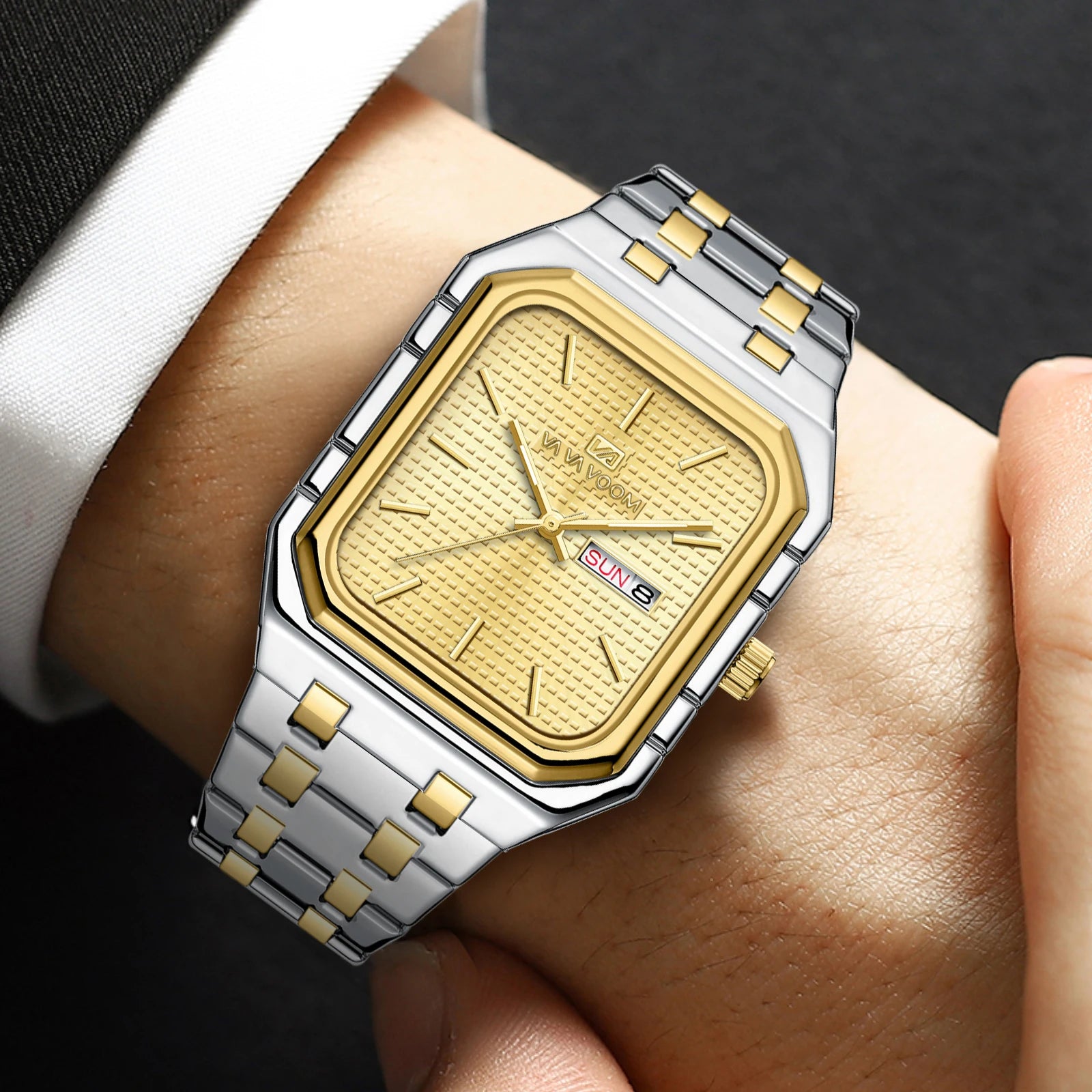 Reloj cuadrado para hombre con correa de acero inoxidable de negocios lujosa y a la moda, relojes de cuarzo con calendario Dual originales en oro azul para hombre