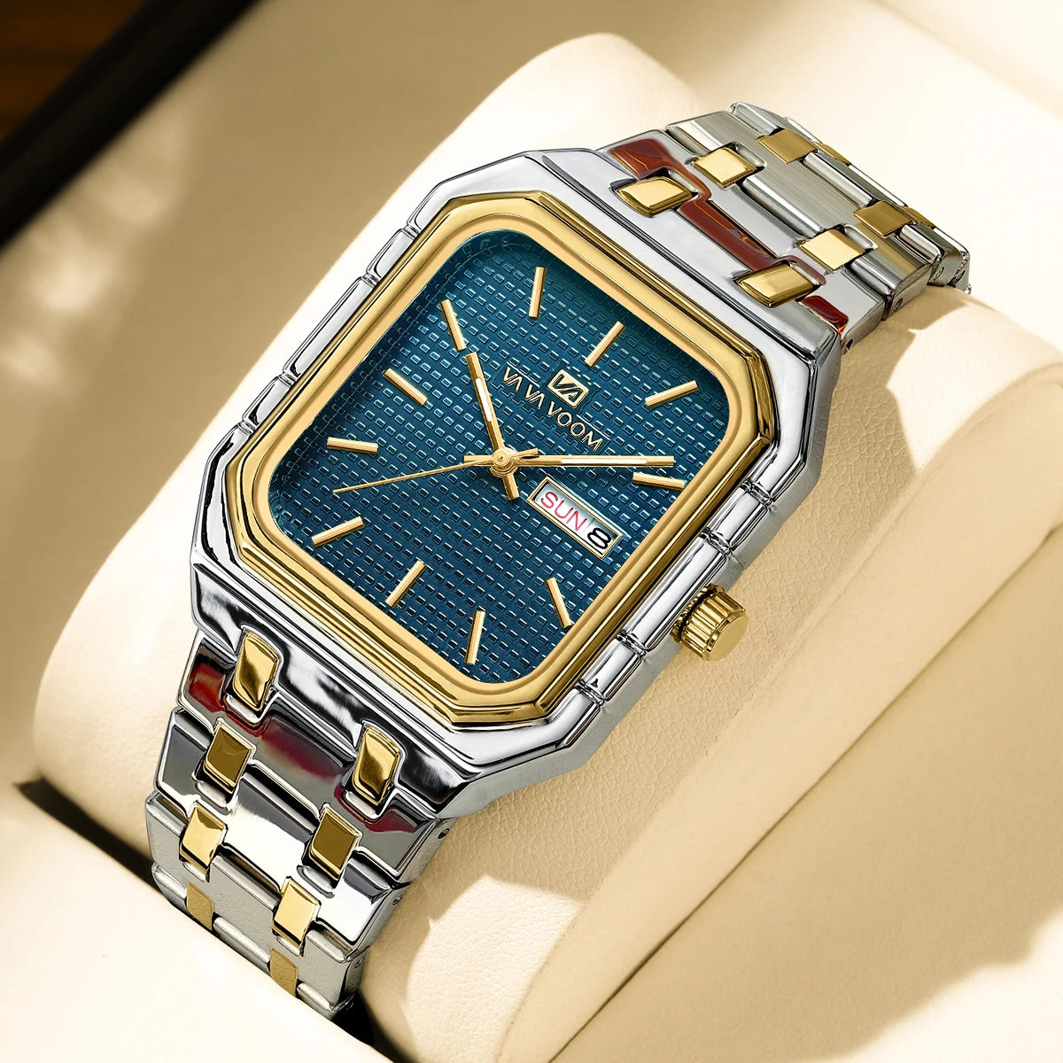 Reloj cuadrado para hombre con correa de acero inoxidable de negocios lujosa y a la moda, relojes de cuarzo con calendario Dual originales en oro azul para hombre