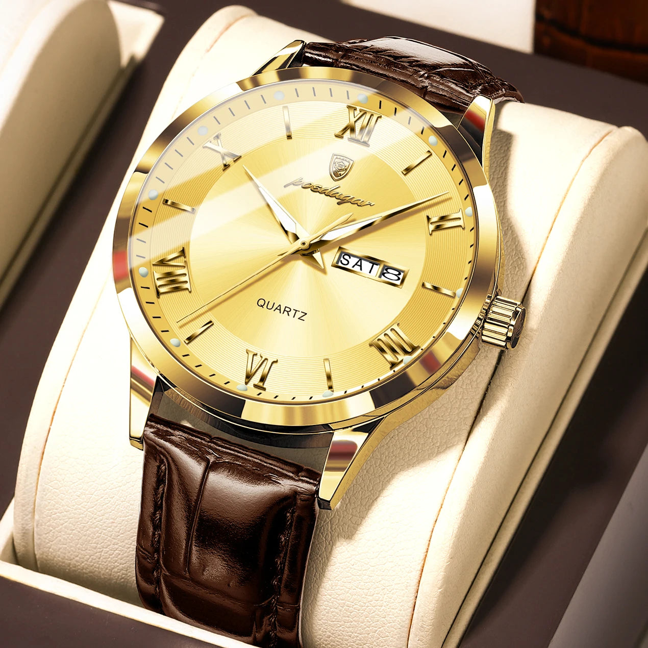 Reloj POEDAGAR de lujo para hombre, Reloj deportivo militar de cuero para hombre, Reloj de cuarzo resistente al agua luminoso con fecha y semana, Reloj para hombre + caja