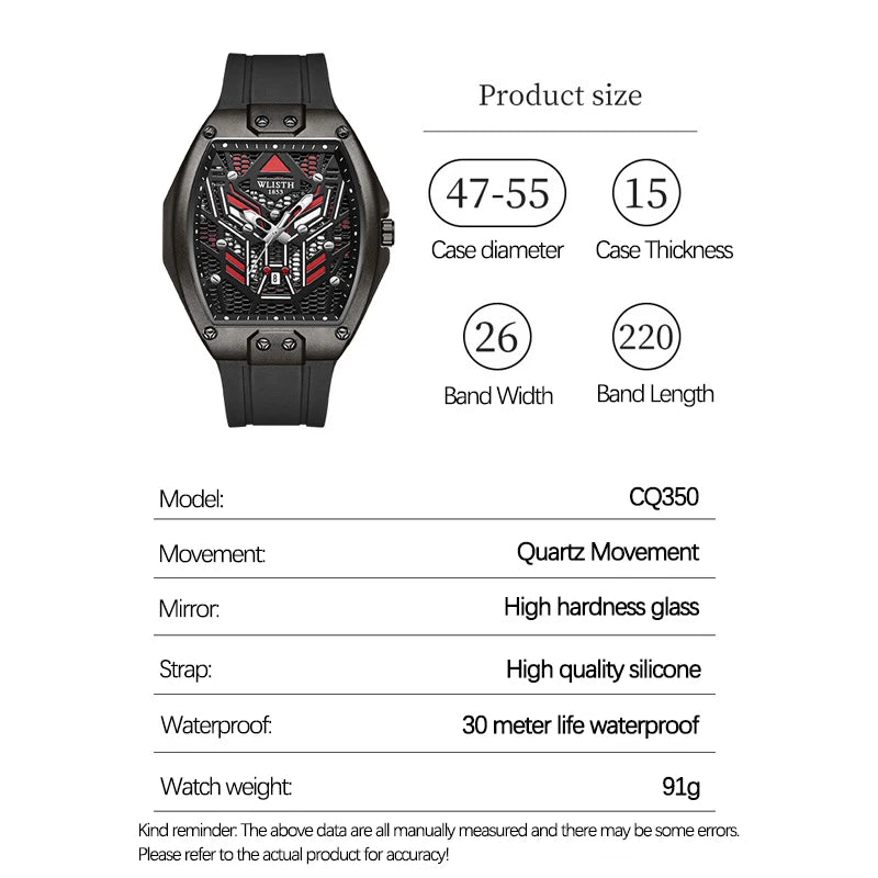 CQ350 Reloj casual y de moda para hombre, calendarios deportivos geniales, relojes de cuarzo impermeables, regalos de reloj de alta gama, relojes para hombre