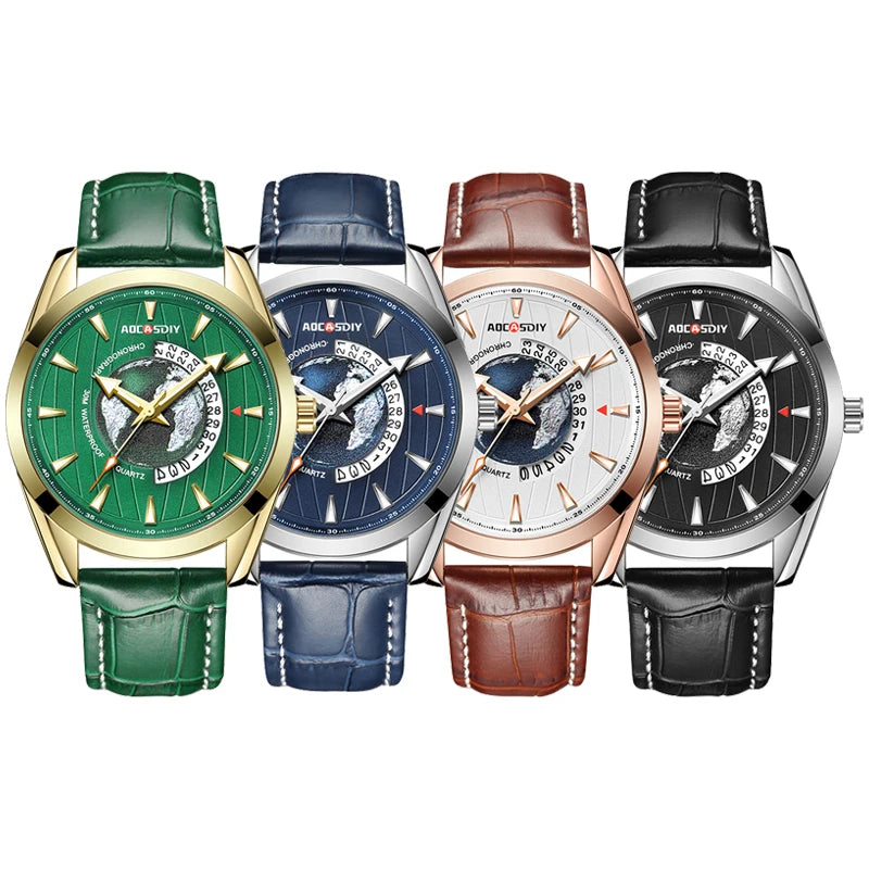 AOCASDIY, relojes de lujo para hombre, nueva moda, reloj de pulsera creativo de cuarzo tierra, reloj deportivo de cuero para hombre, reloj Masculino
