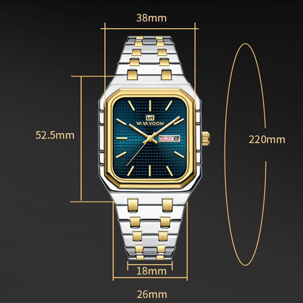 Reloj cuadrado para hombre con correa de acero inoxidable de negocios lujosa y a la moda, relojes de cuarzo con calendario Dual originales en oro azul para hombre