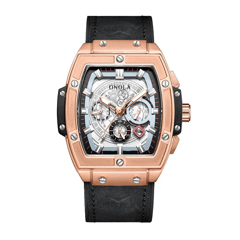 Relojes de lujo a la moda con diseño clásico en forma de barril para hombre ONOLA, reloj de cuarzo de cuero informal resistente al agua multifuncional para hombre