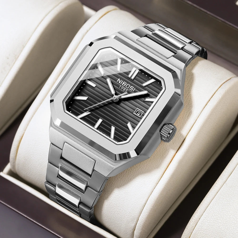 Marca NIBOSI, Reloj cuadrado a la moda, relojes de cuarzo de lujo de acero inoxidable para Hombre, Reloj luminoso resistente al agua para Hombre de negocios, Reloj para Hombre