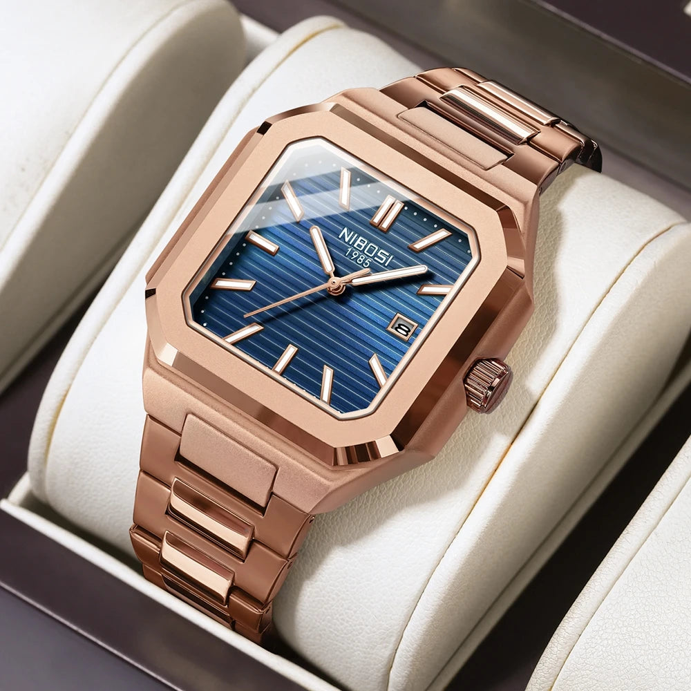 Marca NIBOSI, Reloj cuadrado a la moda, relojes de cuarzo de lujo de acero inoxidable para Hombre, Reloj luminoso resistente al agua para Hombre de negocios, Reloj para Hombre