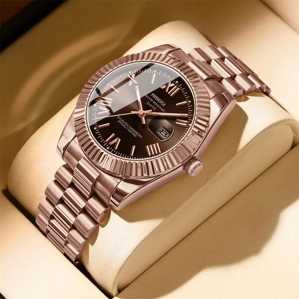 Marca NIBOSI, Reloj de cuarzo de oro rosa de lujo, Reloj masculino de acero inoxidable, Reloj luminoso resistente al agua con fecha para Hombre, Reloj para Hombre
