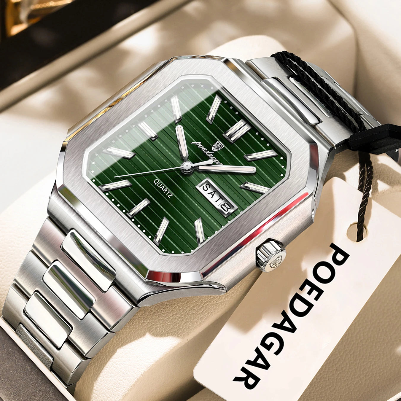 Reloj de pulsera POEDAGAR cuadrado de lujo a la moda para hombre, resistente al agua, luminoso, con fecha y semana, relojes de cuarzo para hombre, Reloj de acero inoxidable para hombre