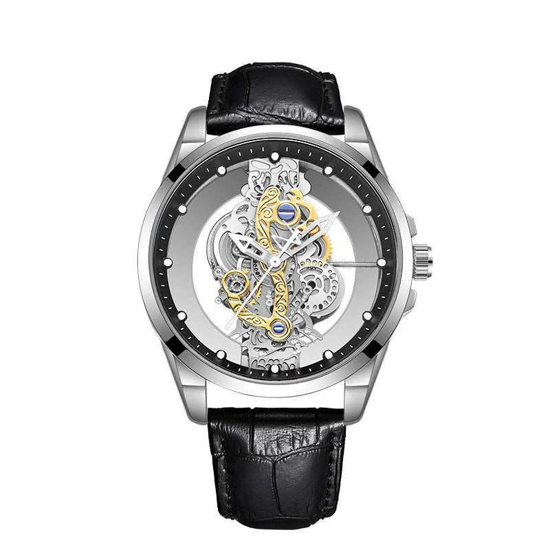 Reloj UTHAI para hombre, tendencia deportiva, doble cara, transparente, de acero hueco, resistente al agua, luminoso, reloj de pulsera de cuarzo a la moda para hombre