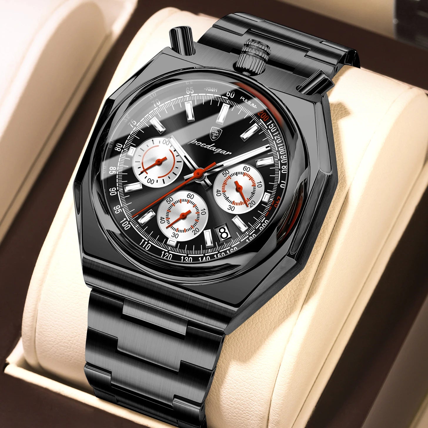 Reloj de pulsera POEDAGAR de lujo para hombre, reloj de pulsera de acero inoxidable con fecha luminosa a la moda para hombre, cronógrafo, relojes de cuarzo de alta calidad para hombre
