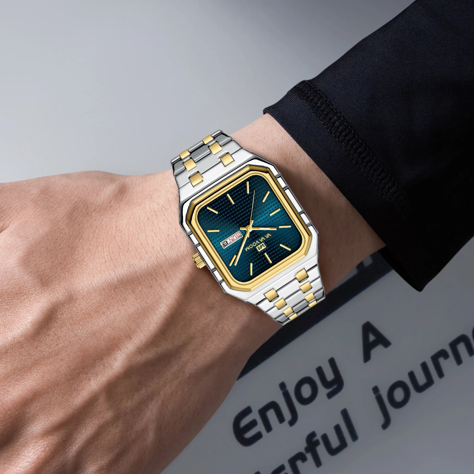 Reloj cuadrado para hombre con correa de acero inoxidable de negocios lujosa y a la moda, relojes de cuarzo con calendario Dual originales en oro azul para hombre