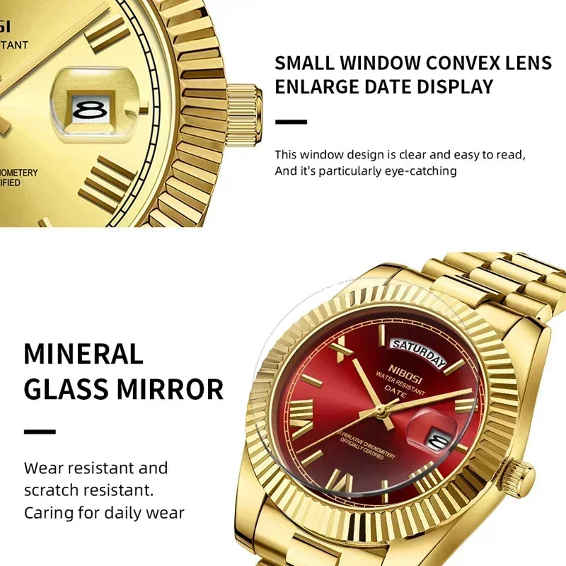 Relojes NIBOSI para Hombre, Reloj de lujo de marca superior para Hombre, relojes de pulsera de cuarzo resistentes al agua con fecha automática y semana, Reloj luminoso para Hombre