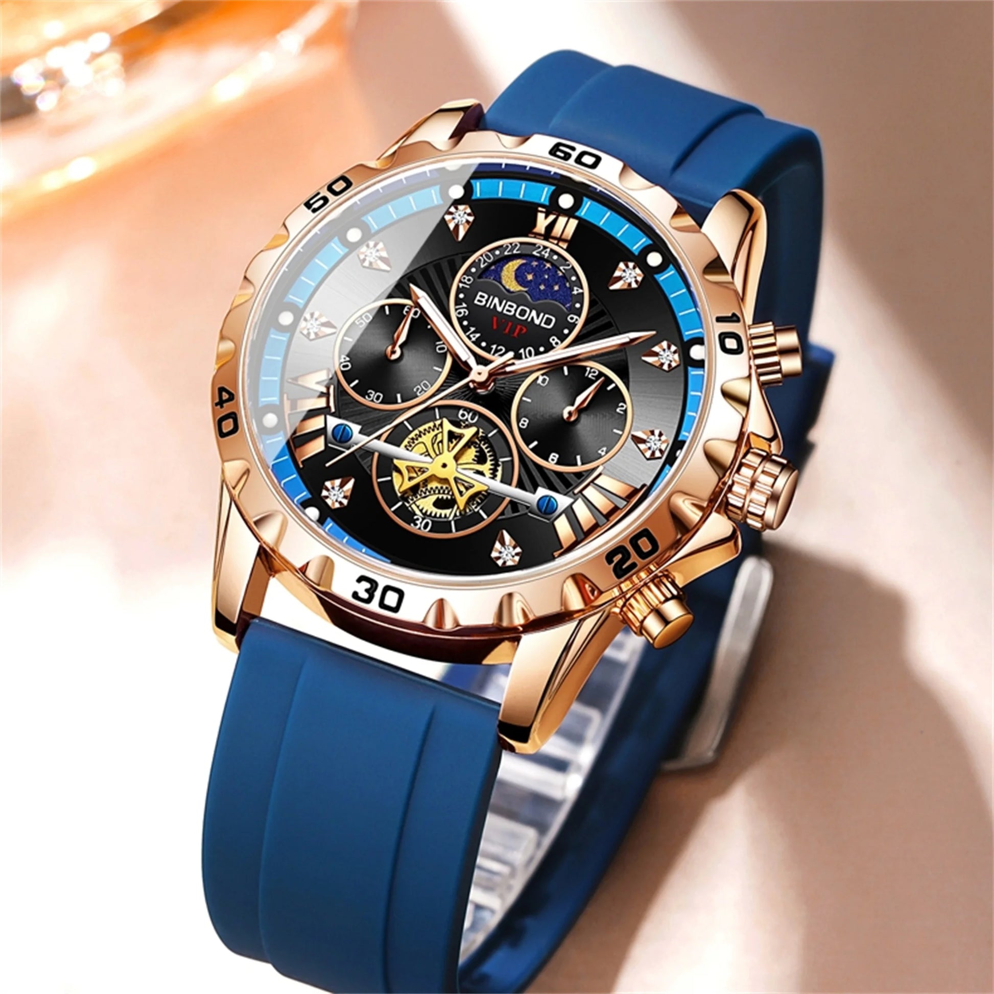 Reloj cronógrafo de moda para hombre, resistente al agua 30M, calendario, función de fecha, esfera de diamantes de imitación, deportivo, goma, cuarzo, regalo 3103