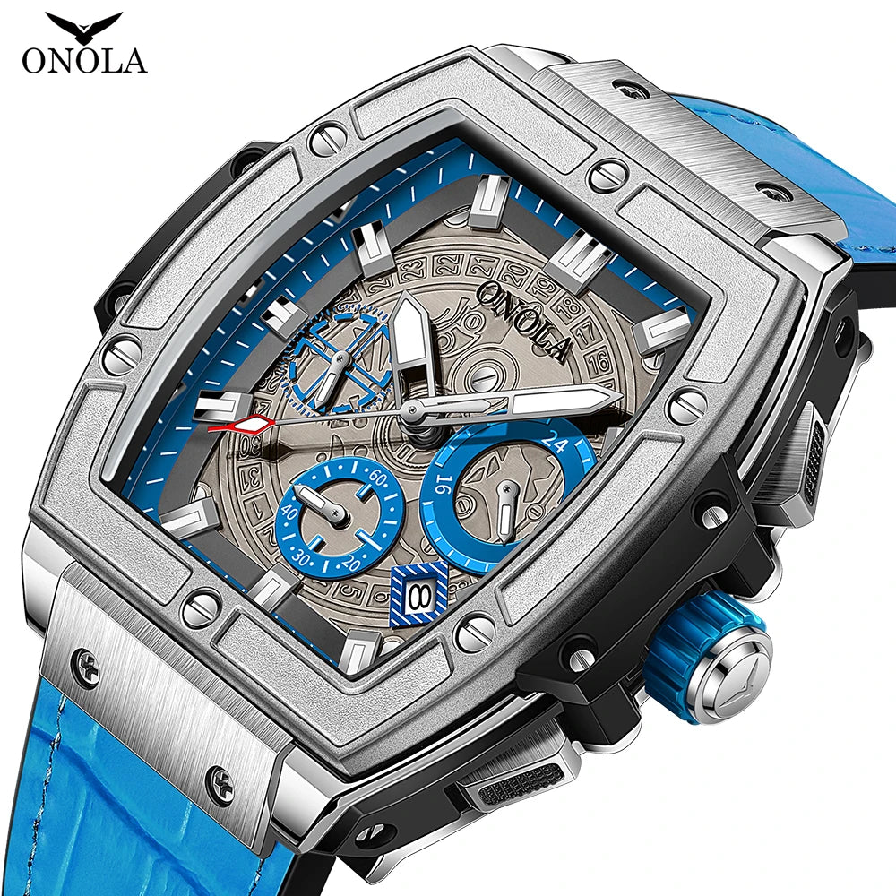 ONOLA-reloj de cuarzo deportivo multifuncional para hombre, cronógrafo de lujo con correa de cuero auténtico, resistente al agua, nuevo, 2024