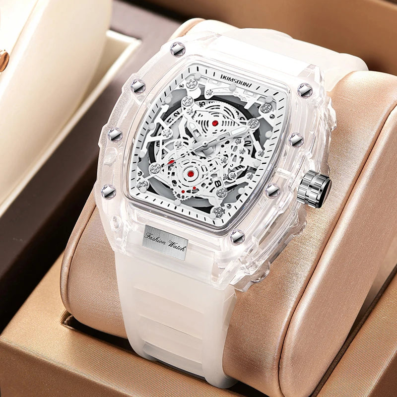 Reloj de cuarzo de silicona con forma de barril personalizado luminoso con calendario de alta gama, reloj transparente de moda para hombre