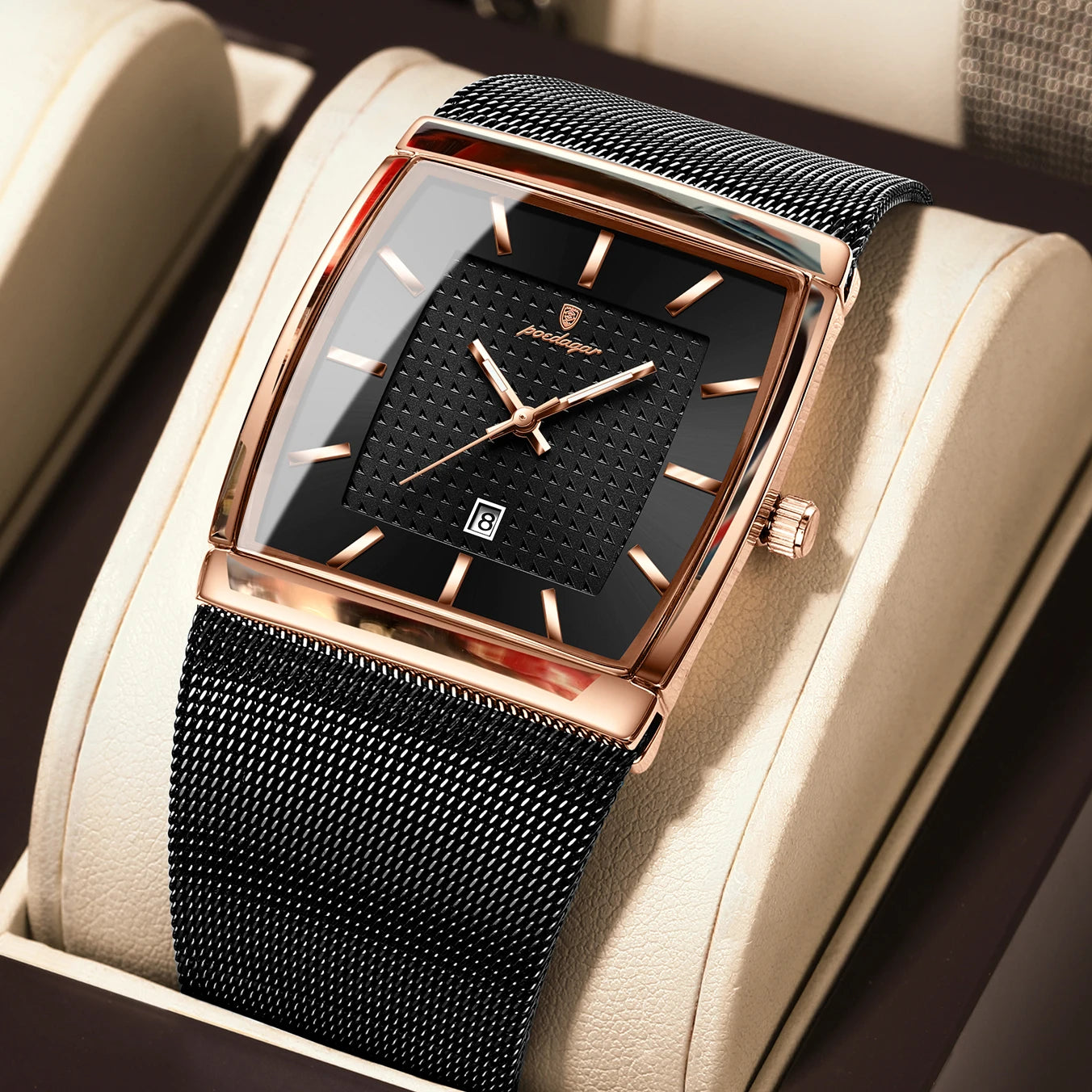 Reloj POEDAGAR Original superior para hombre, reloj de pulsera rectangular con fecha luminosa resistente al agua para hombre, relojes de cuarzo de malla de acero inoxidable para hombre