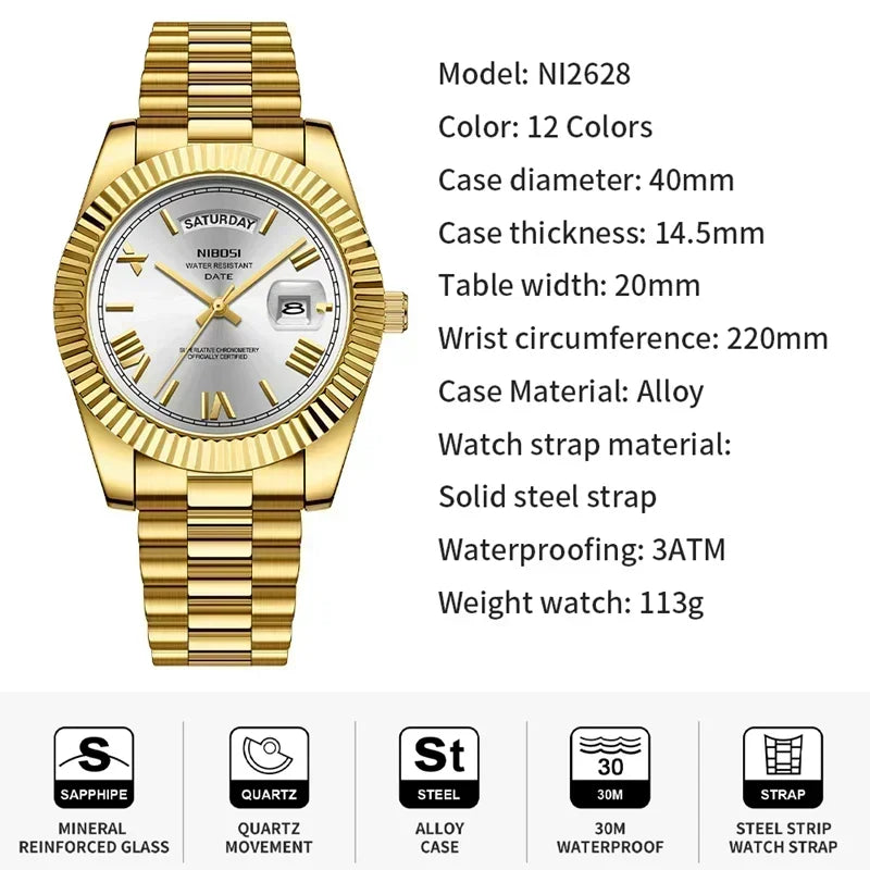 Relojes NIBOSI para Hombre, Reloj de lujo de marca superior para Hombre, relojes de pulsera de cuarzo resistentes al agua con fecha automática y semana, Reloj luminoso para Hombre